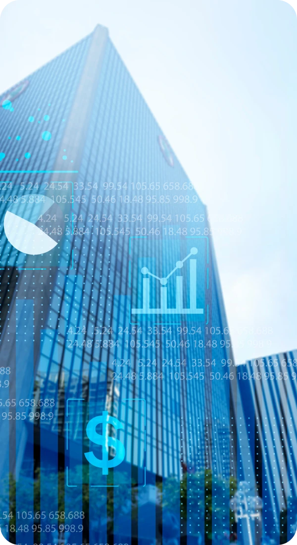 Skyscraper with financial data overlay